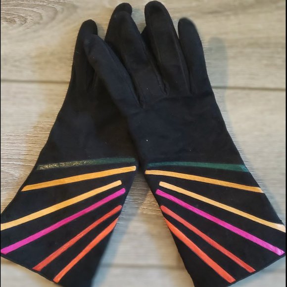 Funky Black suede gloves with colourful leather inserts! - Picture 2 of 4